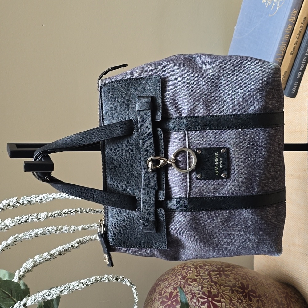 Henri Bendel Large Jetsetter Black Leather and Gray Canvas Backpack